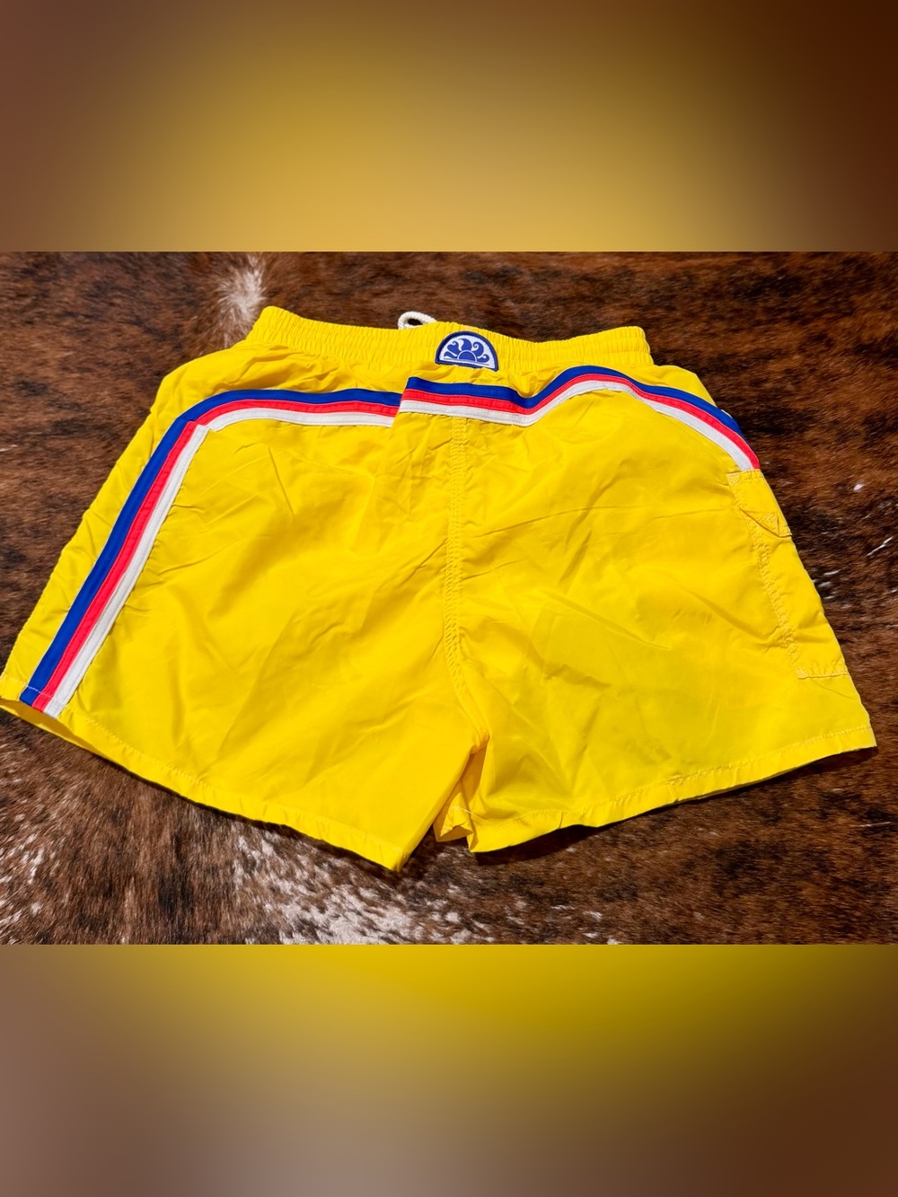 Sundek Rainbow Board Shorts Yellow Swim Trunks SAMPLE Men’s M Rare Vintage